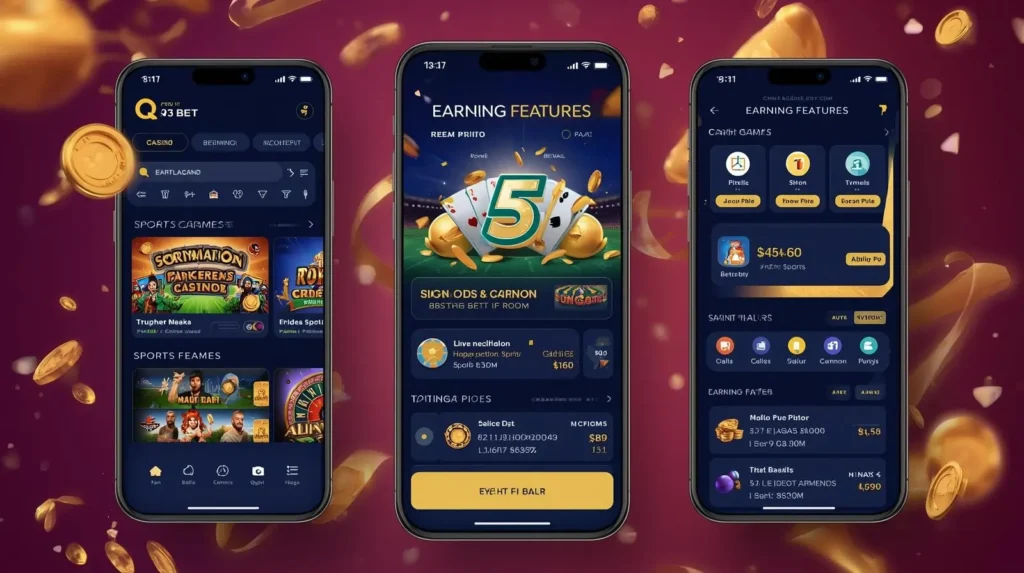 Q5 Bet game app showing casino games slots cricket betting earning money Pakistan