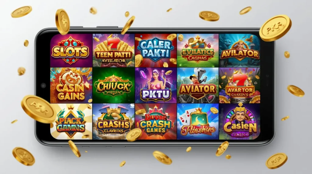 Colorful earning game collage with PKR coins and mobile screen