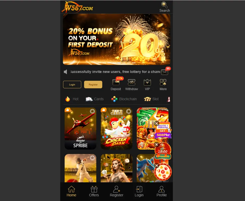 Mobile casino app showing games and earning features