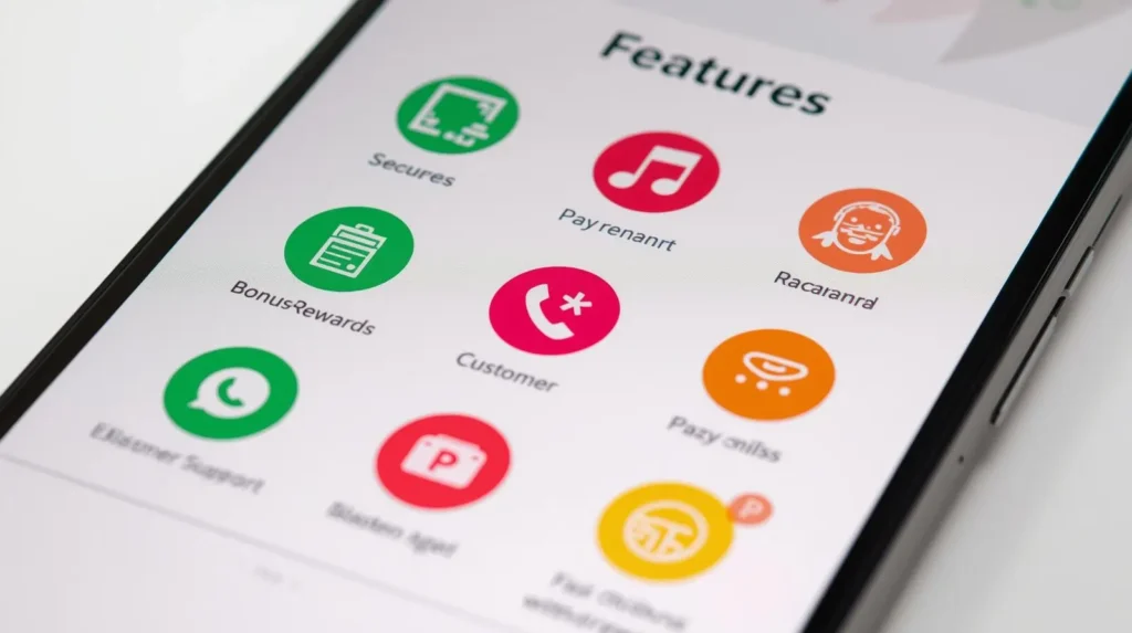Smartphone graphic with feature icons like rewards and support