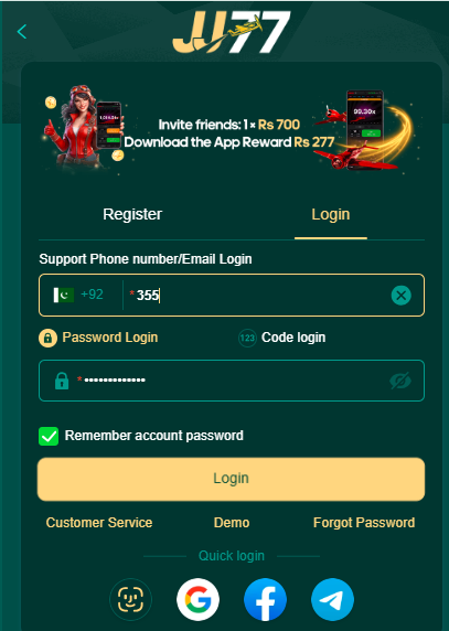 jj77 game mobile earning app login screen