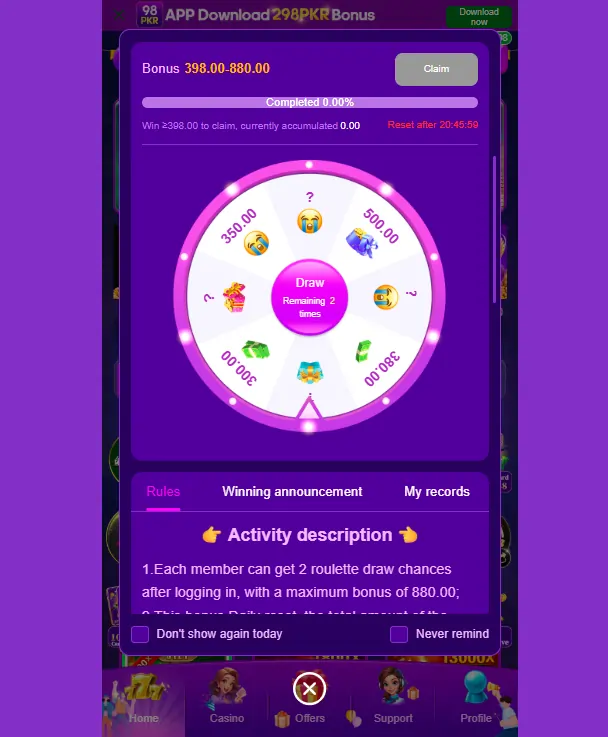 98PKR Game bonus rewards