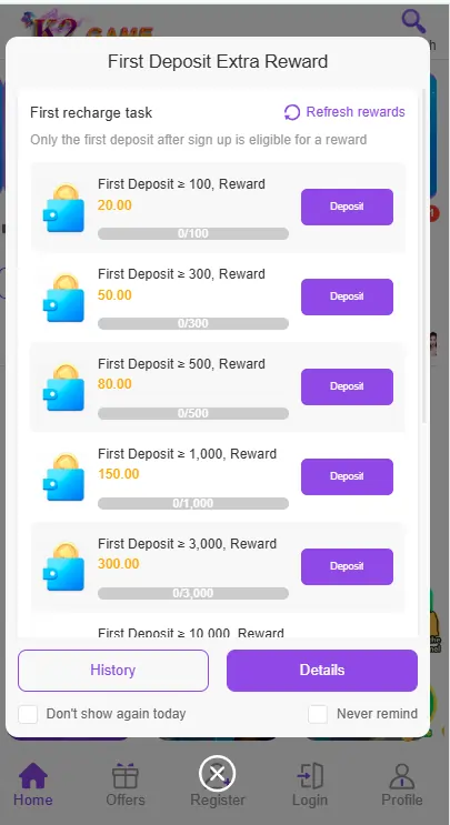 k2 Casino Game bonuses